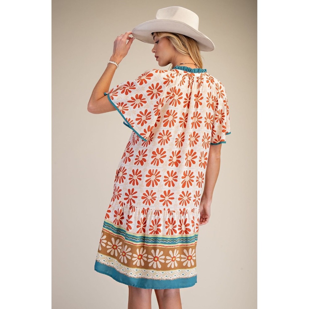Easel Womens Daisy Floral Border Print Wing Sleeve Boho A-Line Mini Dress Small - Picture 4 of 5